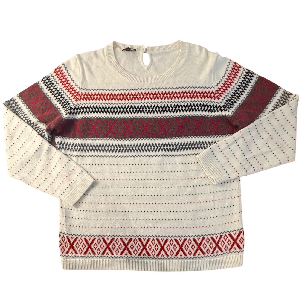 Talbots Red White Black Fair Isle Knit Lightweight Sweater LP Women L/S Keyhole